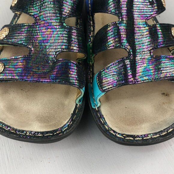 ALEGRIA Women's 38 (8-8.5) Venus Multicolor Gleam Leather Strappy Wedge Sandals - Picture 7 of 13